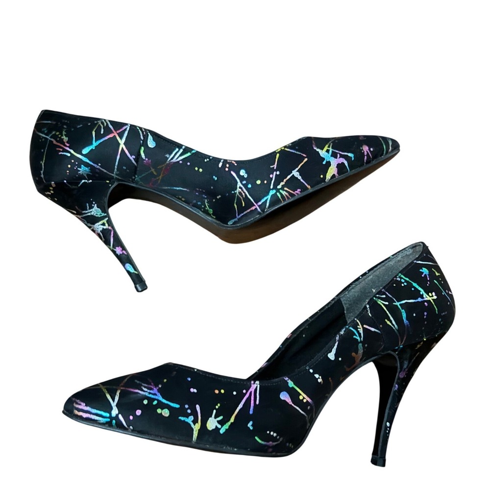 Sweet Steps Black Paint Splatter Pointed Toe Stiletto Pumps Heels 8.5‎